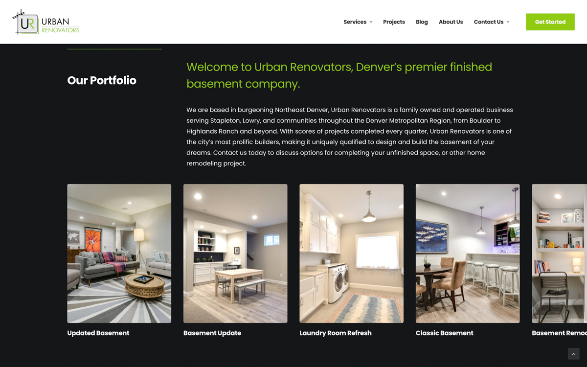 Urban Renovators' homepage section displaying their portfolio of projects